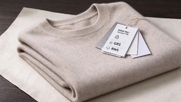 Sustainable knitwear with OEKO-TEX Standard 100 and GRS certified swing tags