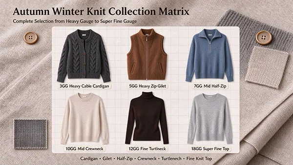 European autumn winter knitwear collection ranging from 3GG chunky outerwear to 18GG luxury fine gauge baselayers