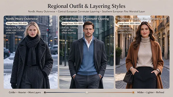 Regional European autumn winter knitwear styling guide from Nordic heavy coats to Mediterranean fine gauge knits