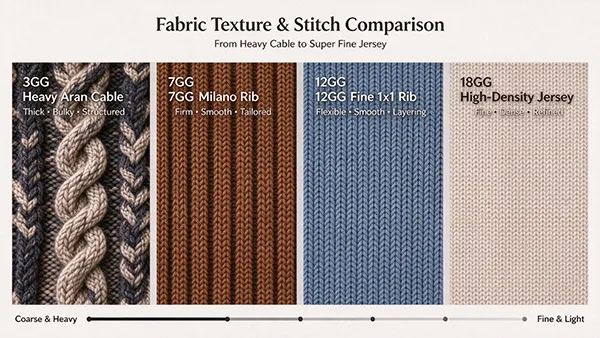 Textile surface comparison of 3GG cable knit 7GG milano rib and 18GG fine jersey fabric weight