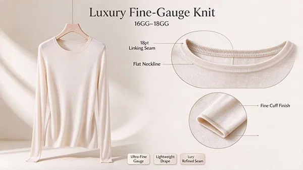 Luxury 18GG fine gauge cashmere t-shirt with seamless linking and high density drape