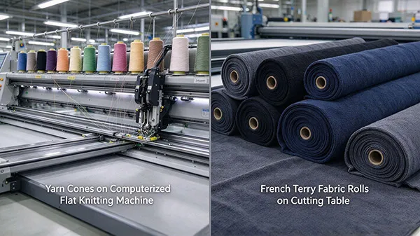 B2B sweater vs sweatshirt manufacturing process comparison between yarn cones and fabric rolls