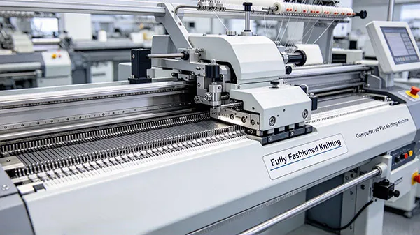 Computerized STOLL flat-bed knitting machine producing fully fashioned custom sweater panels