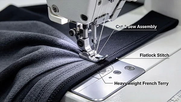 High-speed flatlock 4-needle 6-thread stitching seam on heavy cotton French Terry fabric