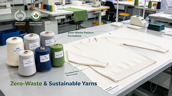 GRS certified recycled yarn cones for sustainable zero-waste custom sweater manufacturing