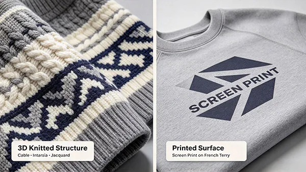 Intricate Intarsia and Jacquard 3D knit sweater texture versus flat screen printed sweatshirt fabric