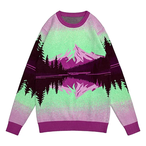 pink scenic mountain jacquard knit crewneck pullover sweater