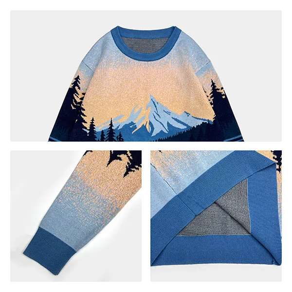 scenic mountain jacquard knit crewneck pullover sweater knitting details