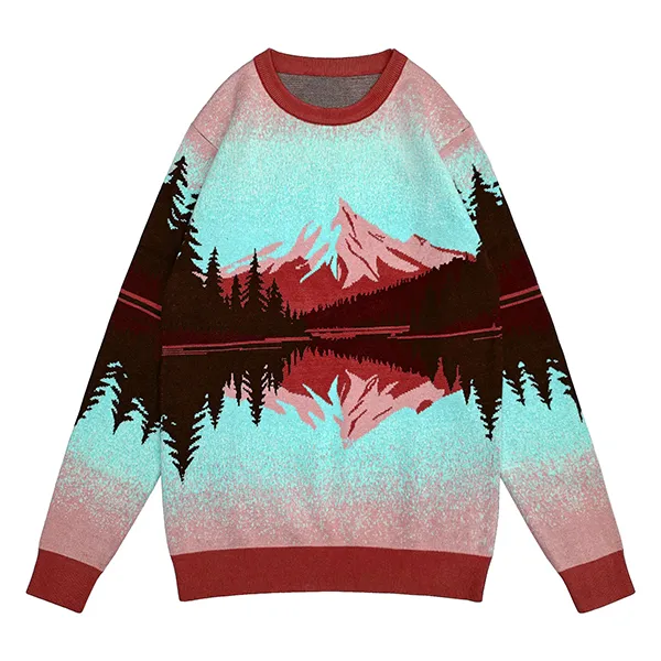 red scenic mountain jacquard knit crewneck pullover sweater