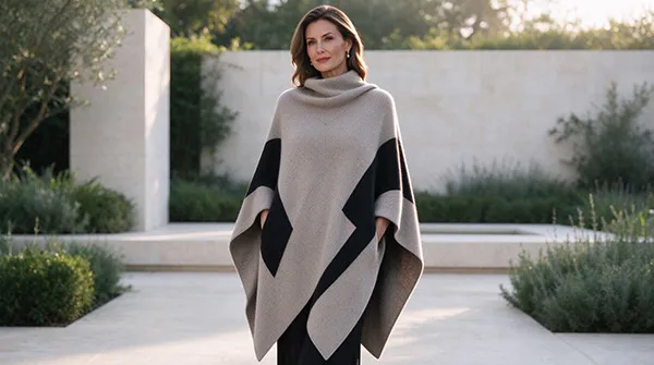 Women's custom knitted poncho featuring an elegant drape and soft merino wool texture