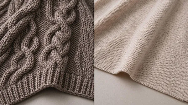 Texture comparison between a chunky 5GG cable knit poncho and a fine gauge 12GG lightweight knit fabric