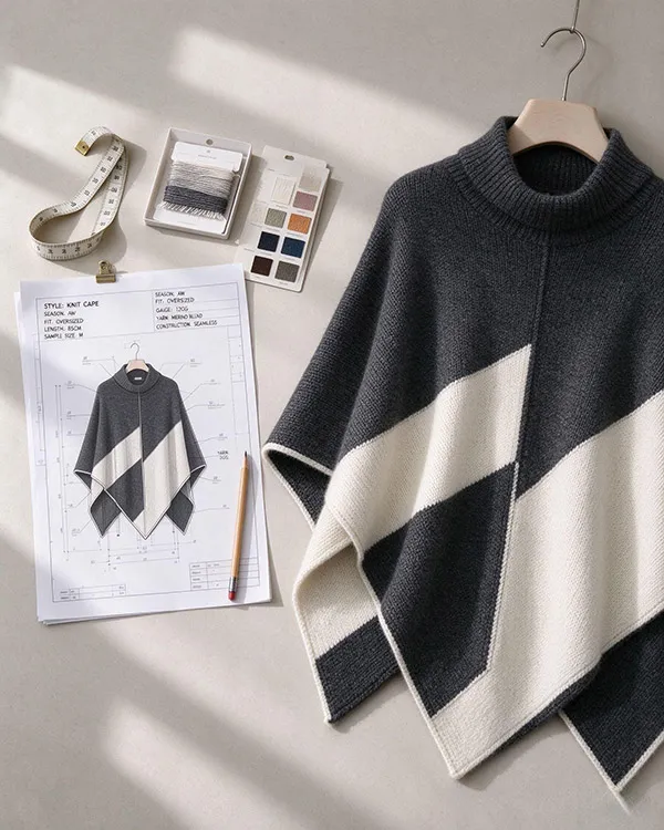 Custom sweater Tech Pack design drawing placed next to yarn color swatches and a finished poncho prototype