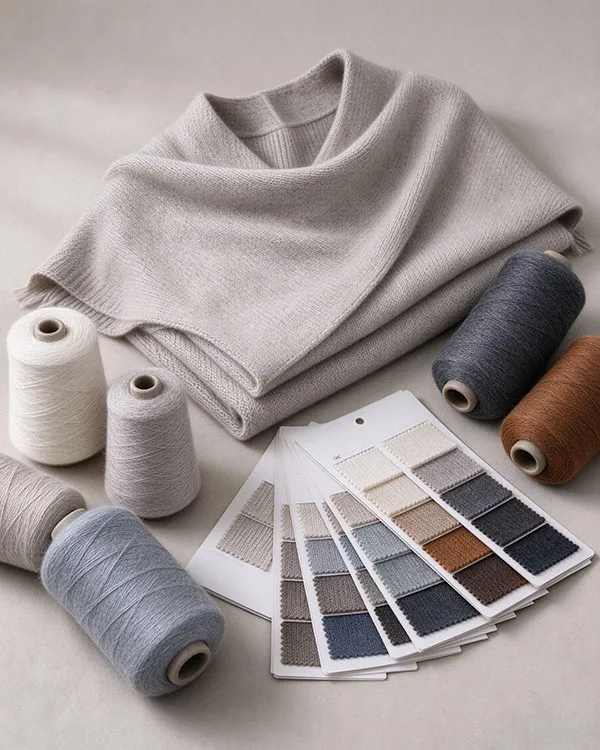 GRS certified recycled yarn cones and stock service color book presented beside a custom knitted poncho