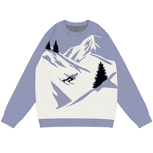 purple ski mountain winter scene jacquard knitted pullover sweater