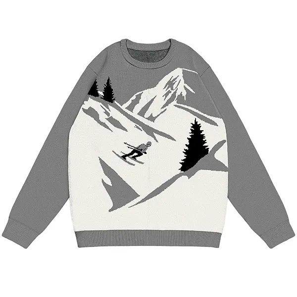 grey ski mountain winter scene jacquard knitted pullover sweater