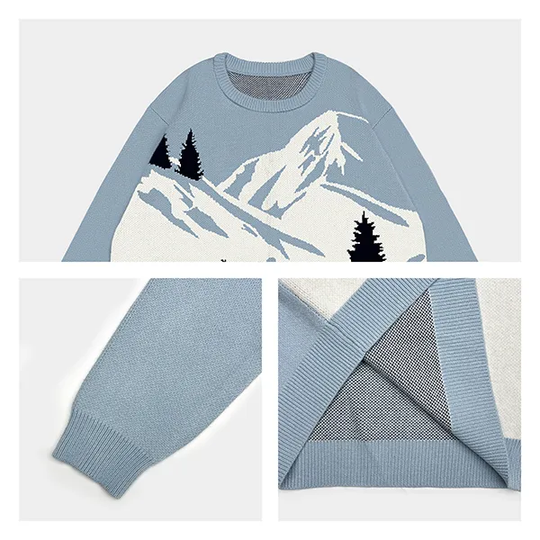 ski mountain winter scene jacquard knitted pullover sweater knitting details