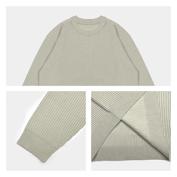 vertical ribbed knit crewneck sweater heavyweight pullover knitting details