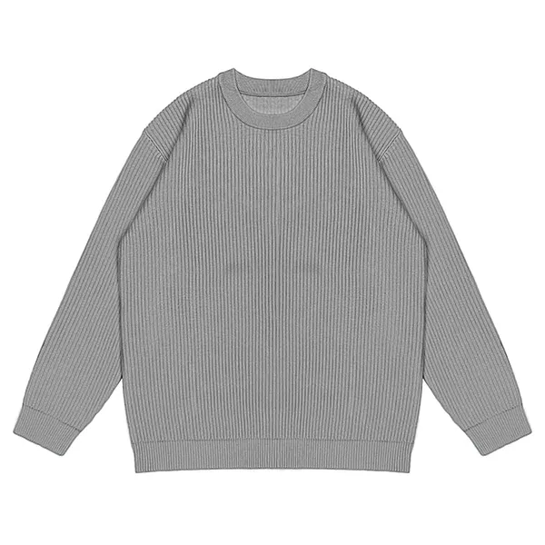 dark grey vertical ribbed knit crewneck sweater heavyweight pullover