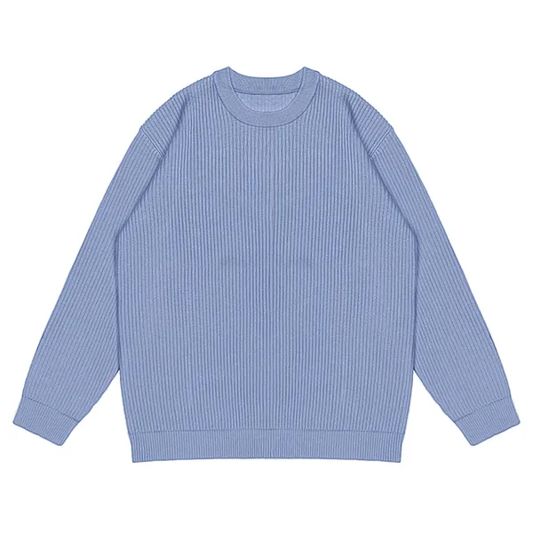 blue vertical ribbed knit crewneck sweater heavyweight pullover