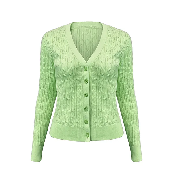 green classic cable knit v-neck button cardigan sweater