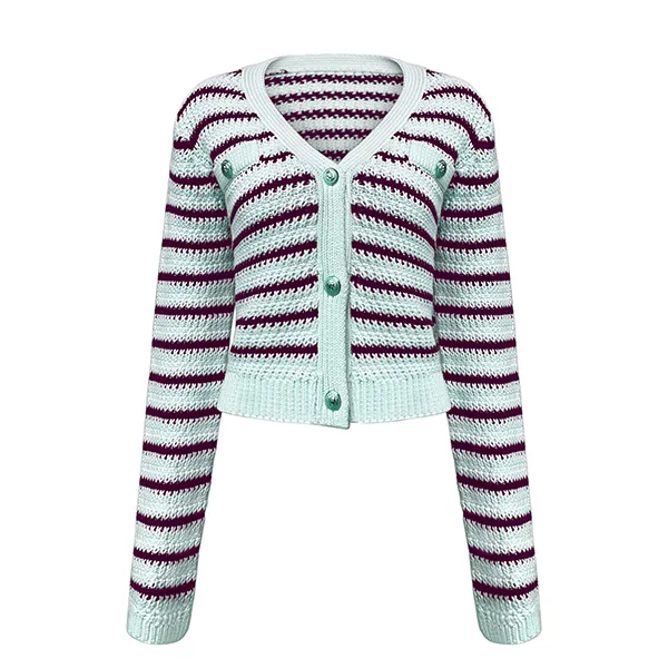 blue v-neck striped cropped chunky knit button up cardigan