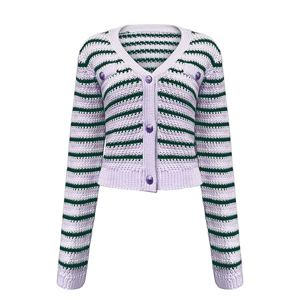purple v-neck striped cropped chunky knit button up cardigan