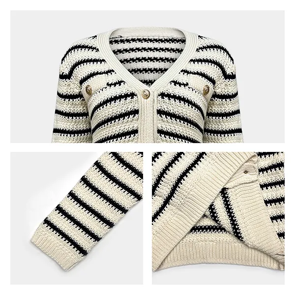 v-neck striped cropped chunky knit button up cardigan knitting details