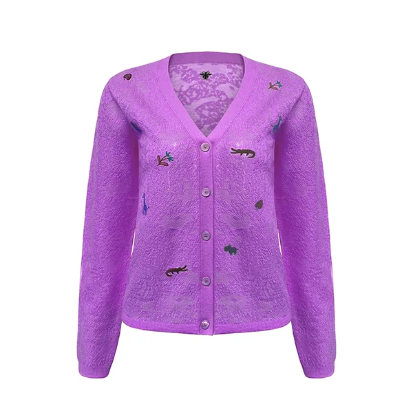 purple pointelle knit v-neck cardigan with embroidered motifs