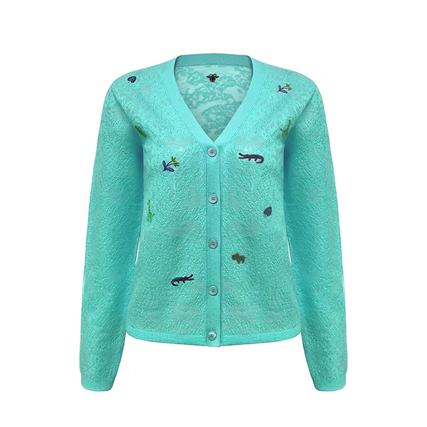 cyan pointelle knit v-neck cardigan with embroidered motifs