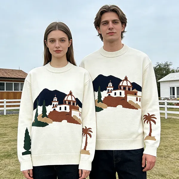 Mediterranean Town Intarsia Knit Model Showcase Front