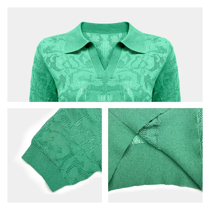 Vintage Pointelle Short Sleeve Knit Polo Details