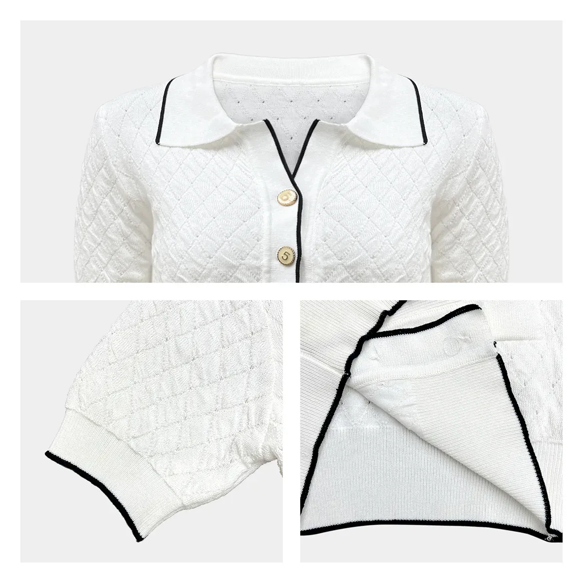 Vintage Quilted Contrast Tipping 12GG Knit Polo Cardigan Knitting Details