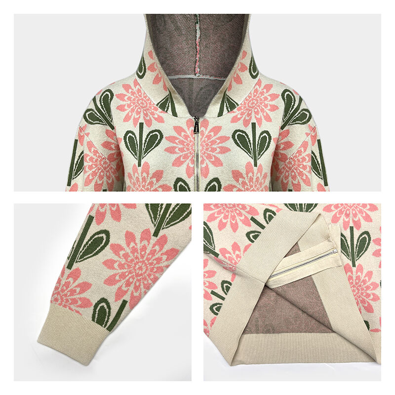 Oversized Floral Jacquard Pink Flower Zip-Up Hoodie Knitting Details