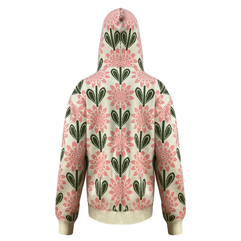 Oversized Floral Jacquard Pink Flower Zip-Up Hoodie Back