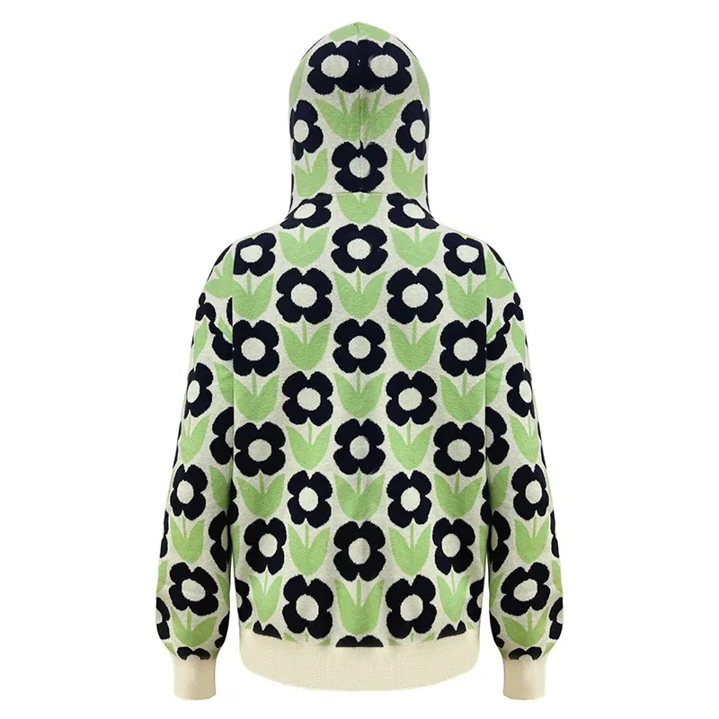 Oversized Retro Bloom Jacquard Zip-Up Knit Hoodie Back