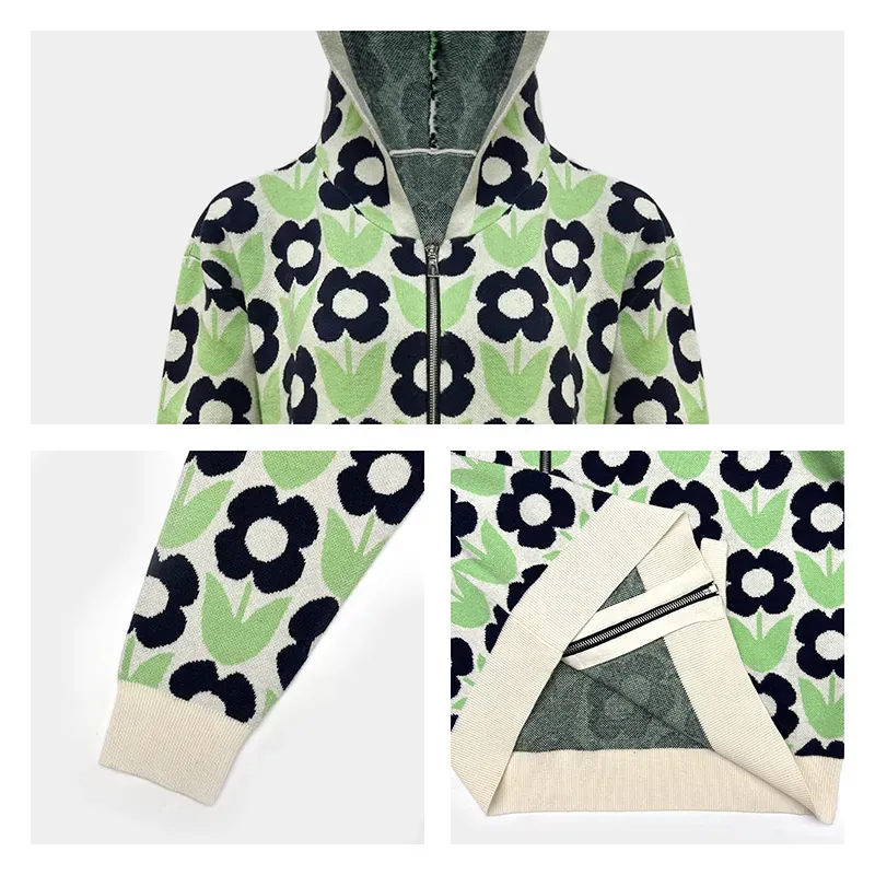 Oversized Retro Bloom Jacquard Zip-Up Knit Hoodie Knitting Details