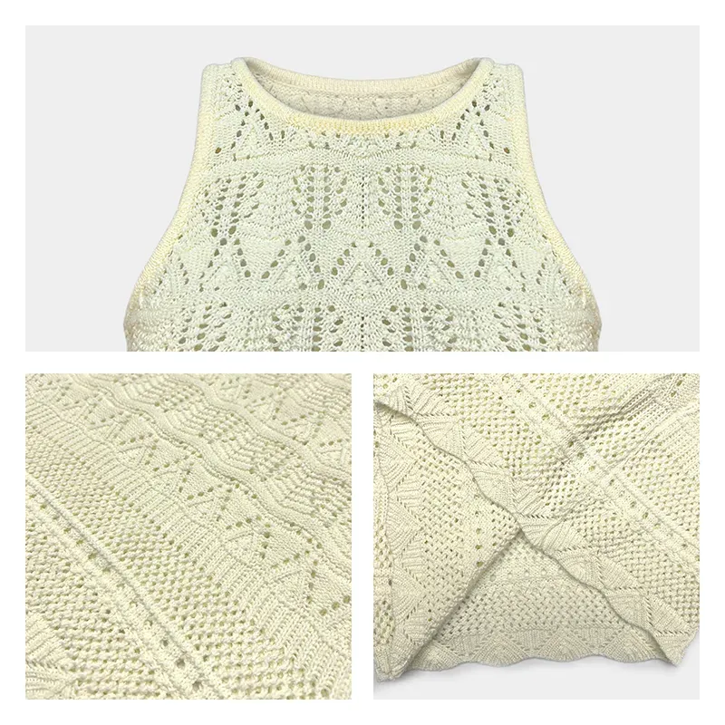 Cropped Halter Pointelle Knit Sleeveless Vest Cami Knitting Details