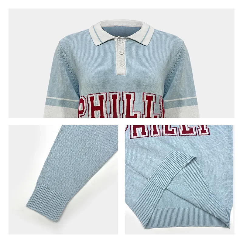 Varsity Stripe Embroidery Long Sleeve Polo Knit Sweater Knitting Details