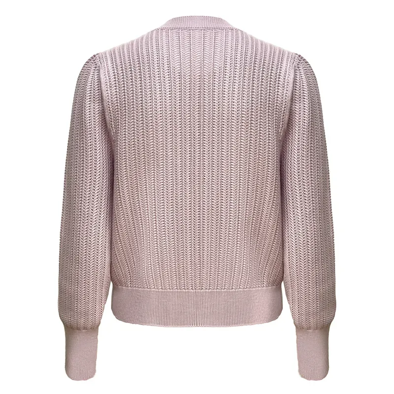 Ribbed Half Cardigan Crewneck Extra Long Cuff Sweater Back