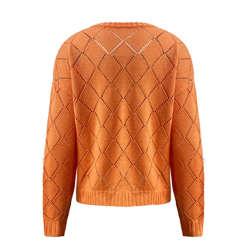 Pointelle Argyle Diamond Knit Crewneck Orange Sweater Back