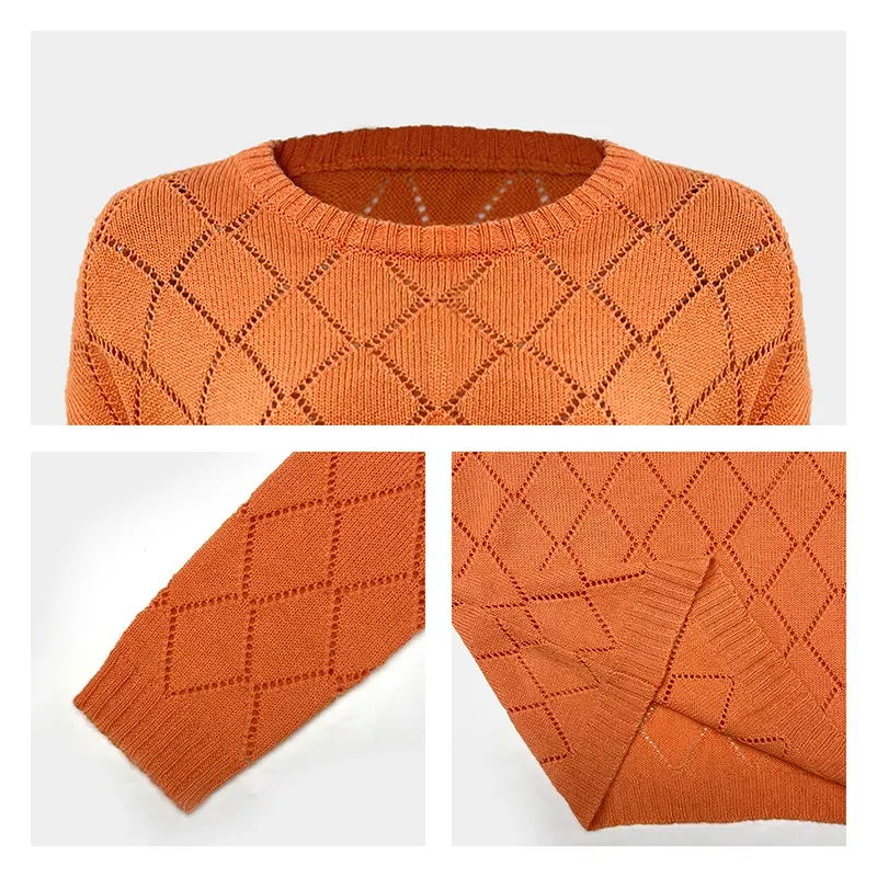 Pointelle Argyle Diamond Knit Crewneck Orange Sweater Knitting Details
