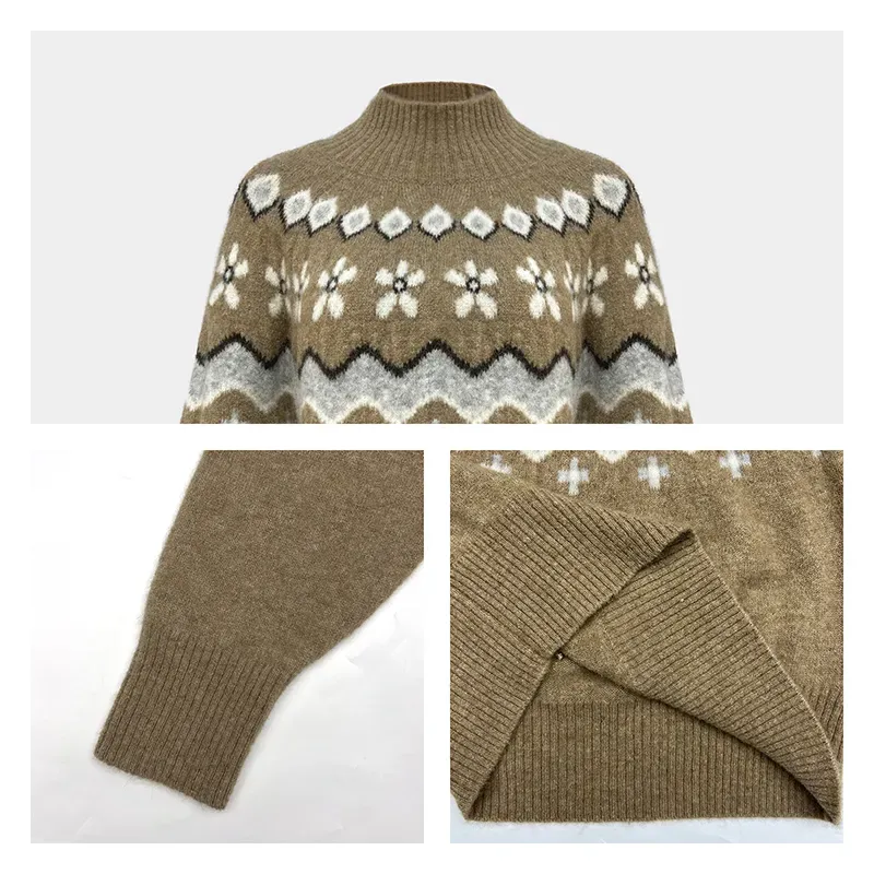 Fair Isle Mock Neck Textured Geometric Knit Sweater Knitting Details
