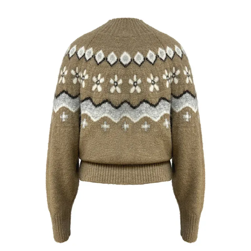 Fair Isle Mock Neck Textured Geometric Knit Sweater Back