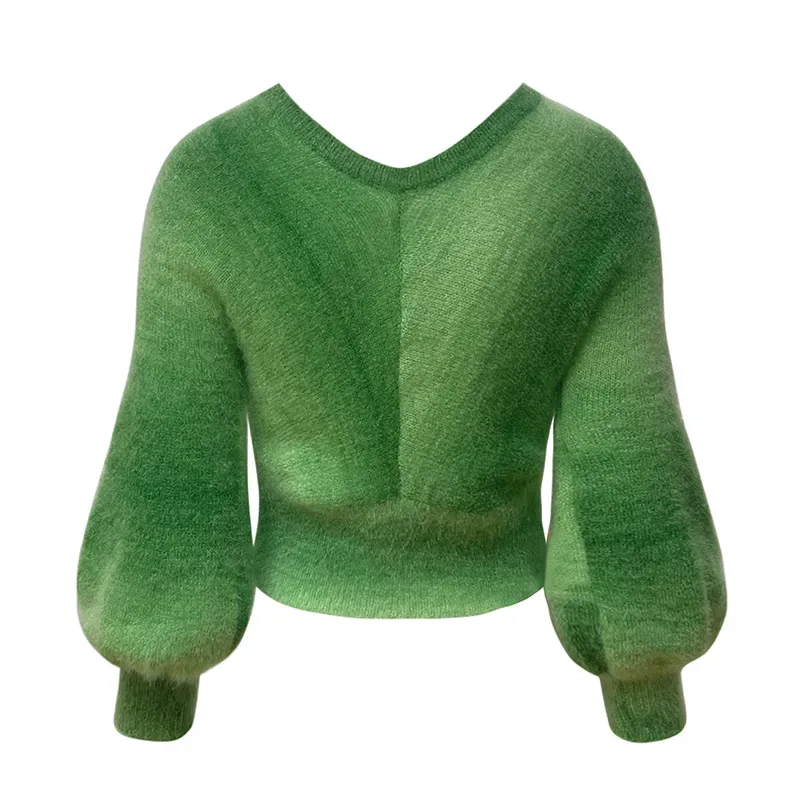 Space-Dye Wrap Front Cropped Lantern Sleeve Sweater Back