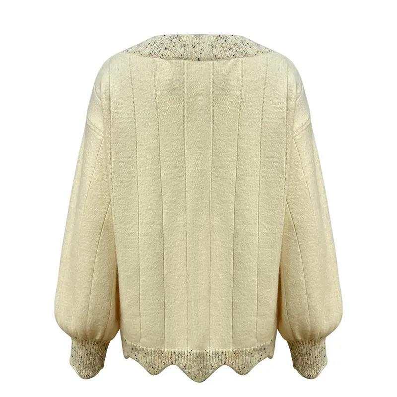Nep Yarn V-Neck Scalloped Hem Cardigan Stitch Sweater Back