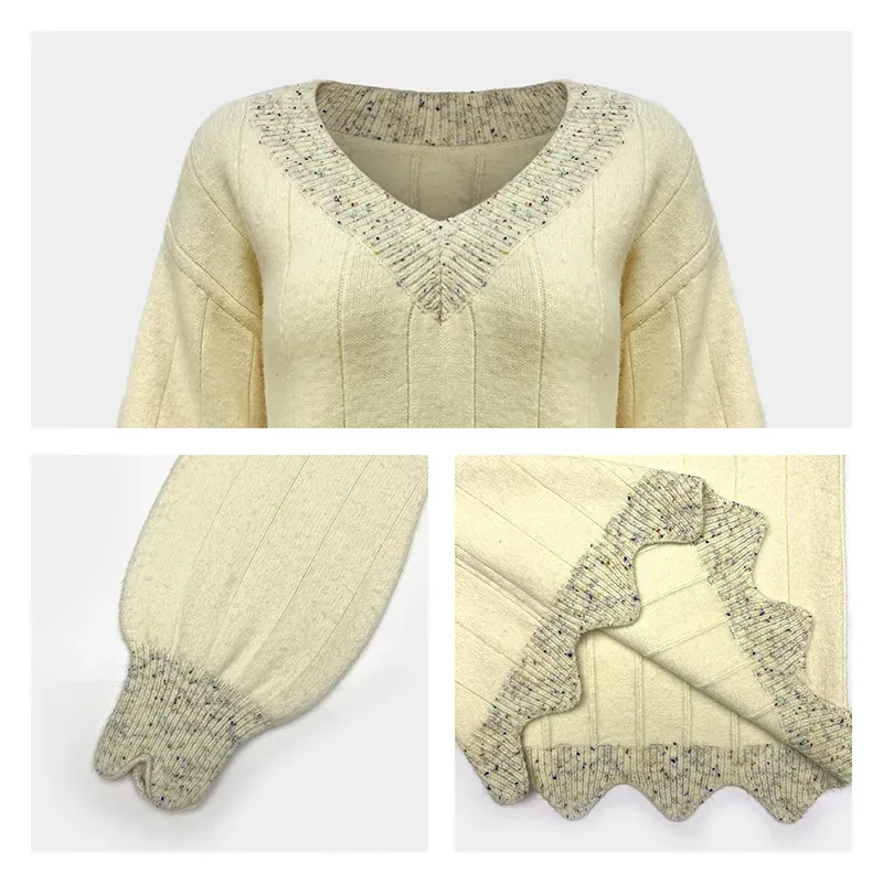 Nep Yarn V-Neck Scalloped Hem Cardigan Stitch Sweater Knitting Details