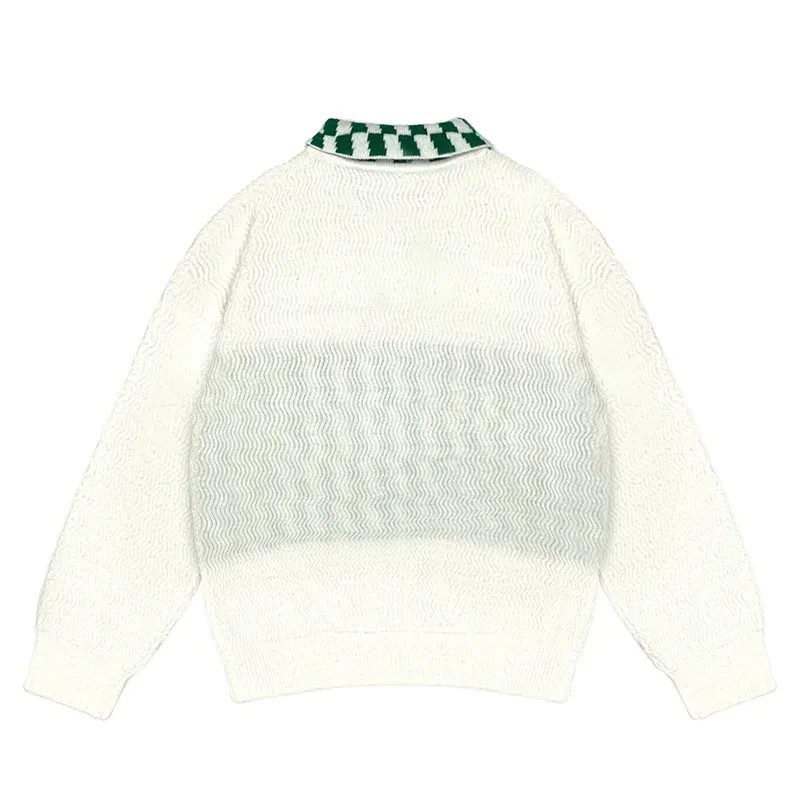 Retro Checkered Jacquard Cable Knit Polo Sweater Iner