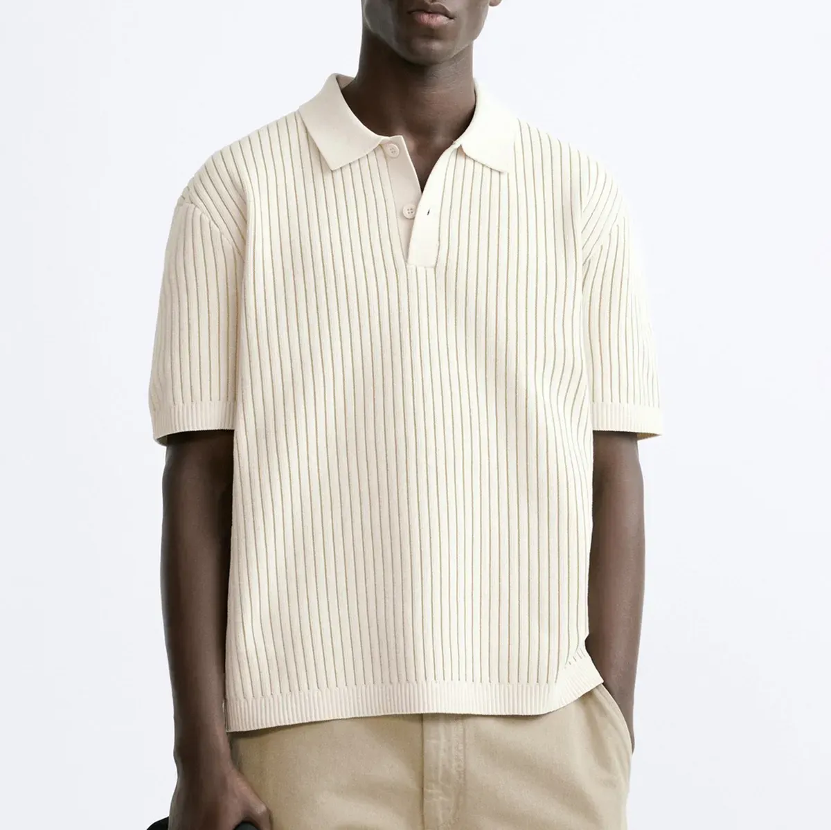 Vertical Ribbed Business Casual Knit Polo Shirt Model Showcase Front