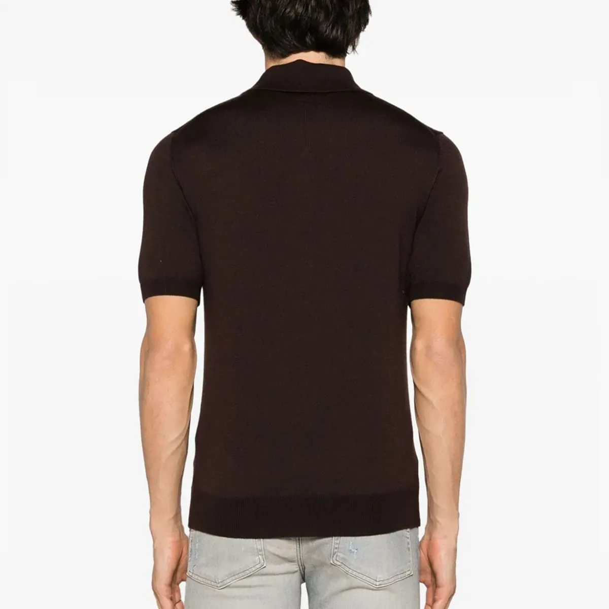 Retro Vertical Striped Business Casual Knit Polo Shirt Brown Back