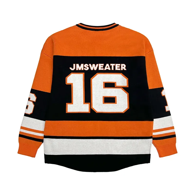 Varsity Sports V-Neck Hockey Jersey Style Jacquard Sweater Back